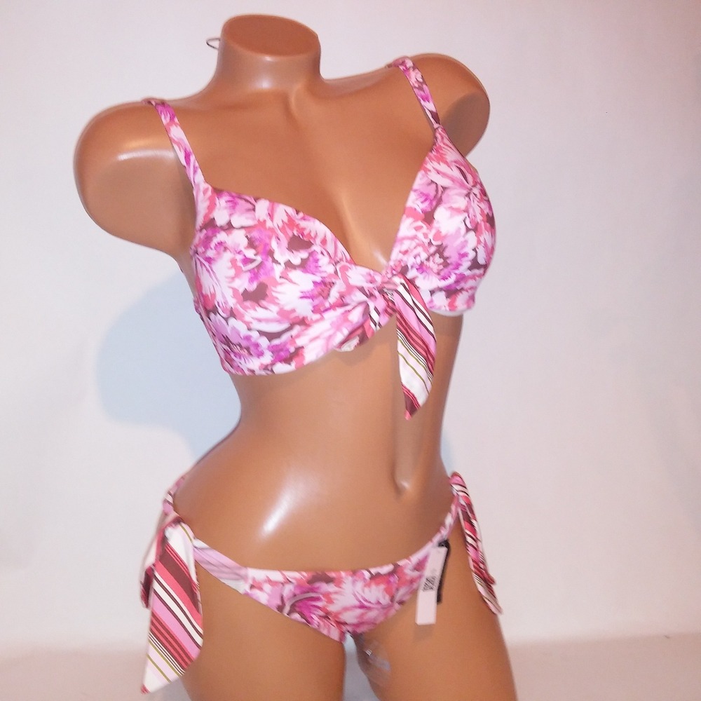 Victoria Secret Swim Bikini 32DD Top XS Bottom Push Up Pink Floral Underwire New